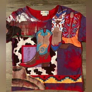 VINTAGE Kolorway USA Hand Painted 3/4 Sleeve Shirt western boots